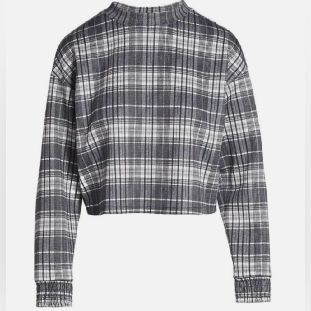 Alice + Olivia Leslie Plaid Cropped Sweatshirt M Jersey Stretch Smocked $265